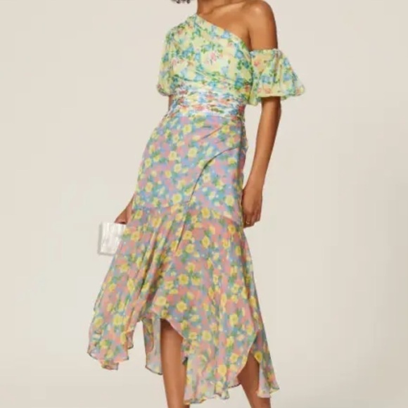 AMUR Dresses & Skirts - AMUR- Multicolored Floral “Jaylah” Off the Shoulder Midi Dress